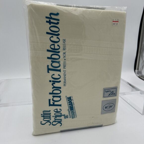 NOS Satin Stripe Fabric Cream Tablecloth NIP 100% Textured Polyster 60 x 84 Oval - Picture 3 of 12
